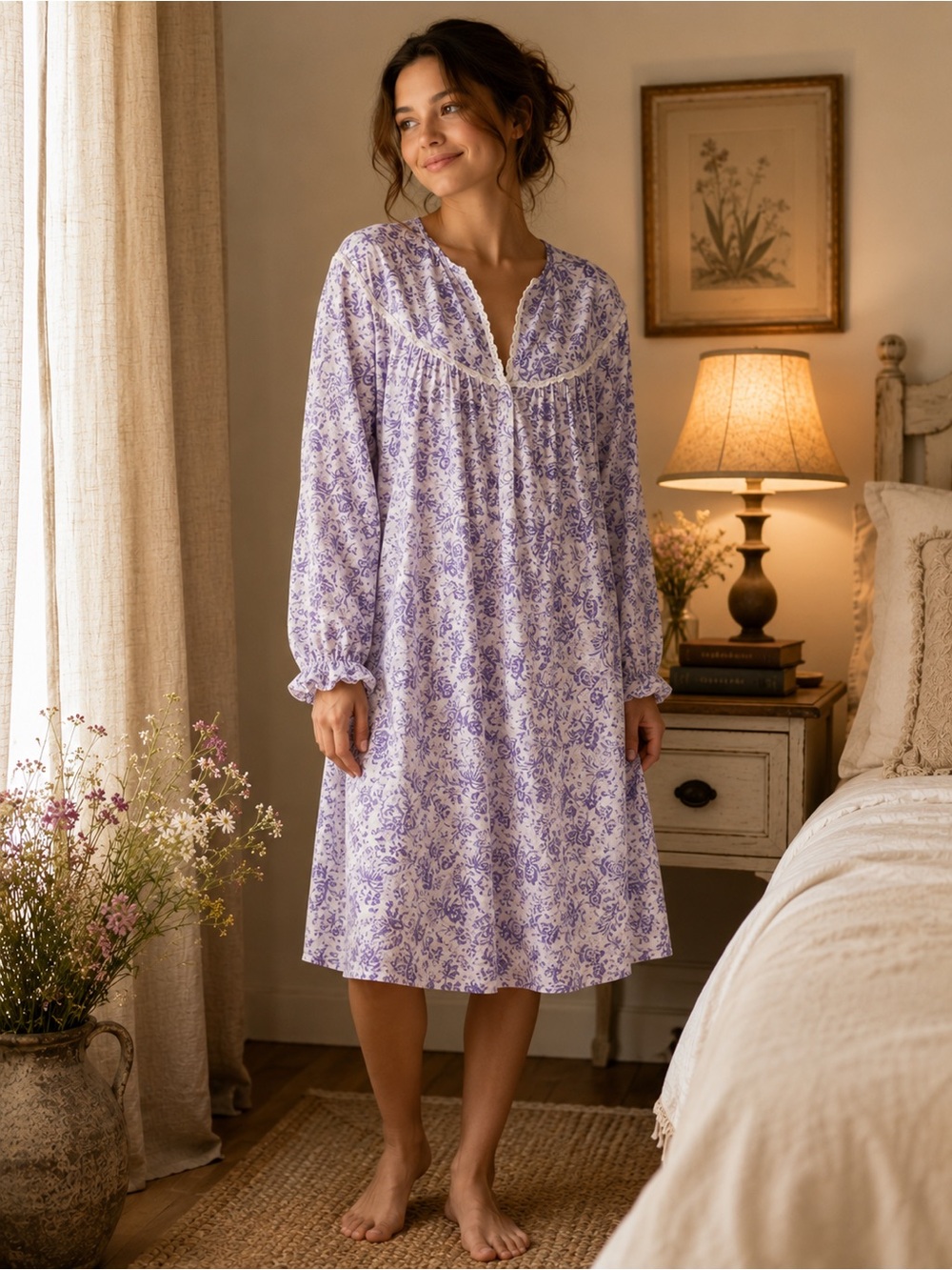 Lanz of Salzburg Cotton Flannel Tyrolean Purple‎ Floral Cottagecore Nightgown